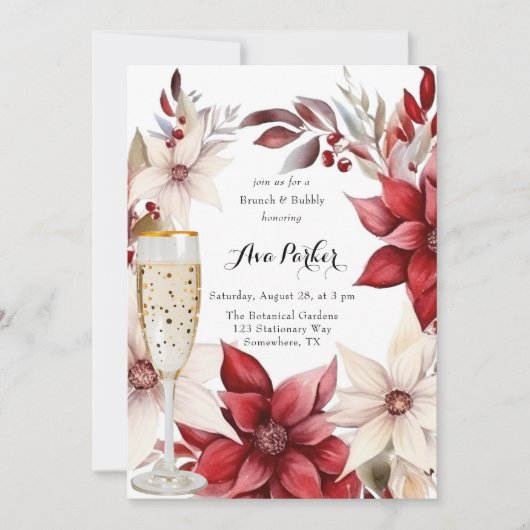 Rood en Wit Poinsettia Krans Brunch & Bubbly Kaart (Voorkant)