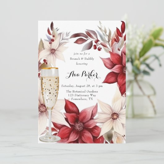 Rood en Wit Poinsettia Krans Brunch & Bubbly Kaart (Staand voorkant)