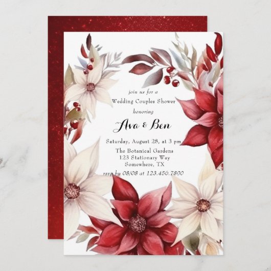 Rood en Wit Poinsettia Krans Koppels Douche Kaart (Voorkant / Achterkant)