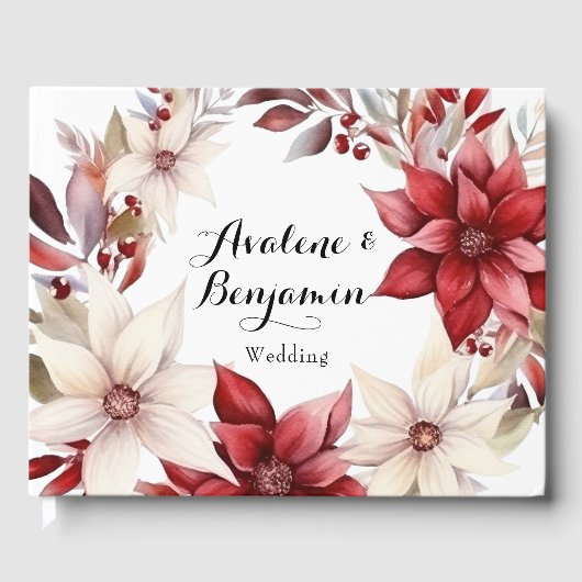Rood en Wit Poinsettia Krans Waterverf Bruiloft Gastenboek (Voorkant)