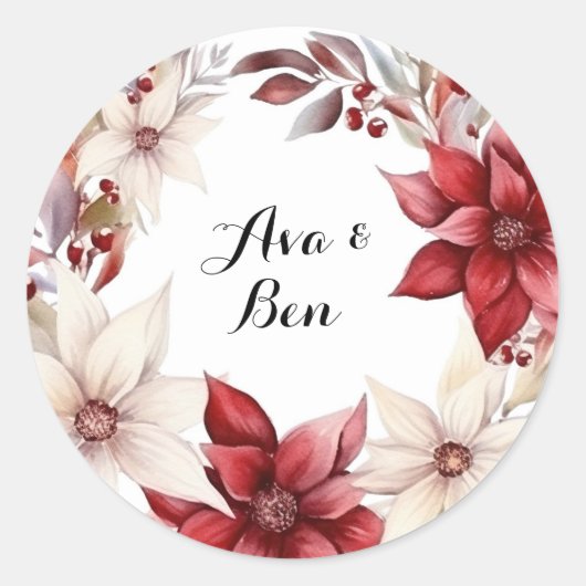 Rood en Wit Poinsettia Krans Waterverf Bruiloft Ronde Sticker (Voorkant)