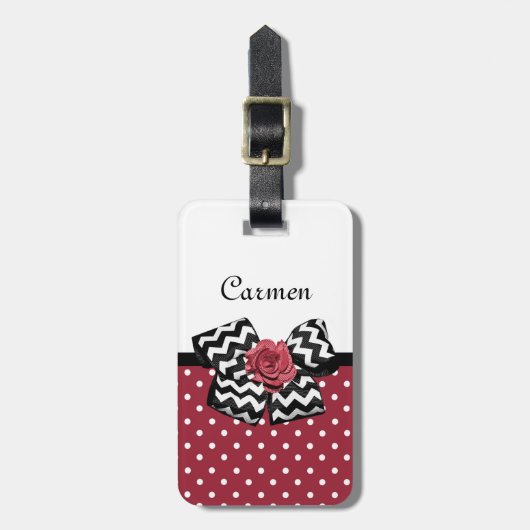 Rood en Wit Polka Dots Leuk Roos Chevron Bow Bagagelabel (Voorkant verticaal)