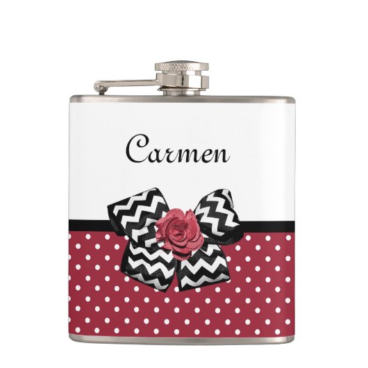 Rood en Wit Polka Dots Leuk Roos Chevron Bow Heupfles (Voorkant)
