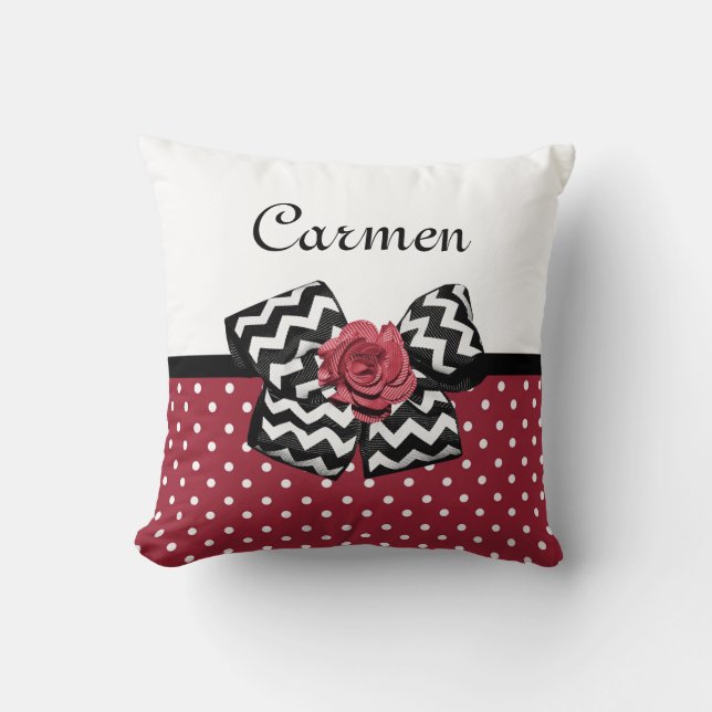 Rood en Wit Polka Dots Leuk Roos Chevron Bow Kussen (Voorkant)
