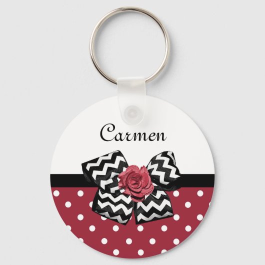 Rood en Wit Polka Dots Leuk Roos Chevron Bow Sleutelhanger (Voorkant)