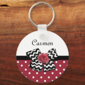 Rood en Wit Polka Dots Leuk Roos Chevron Bow Sleutelhanger (Voorkant)