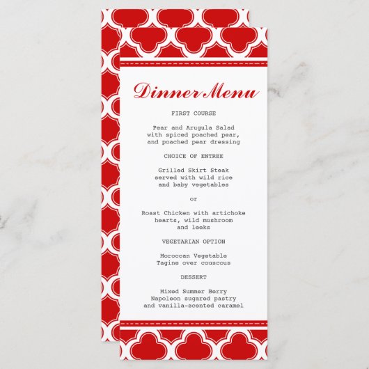 Rood en wit Quatrefoil Slim Dinner Menu (Voorkant / Achterkant)