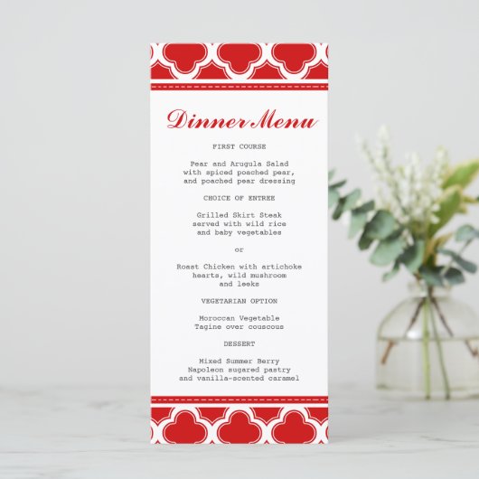 Rood en wit Quatrefoil Slim Dinner Menu (Staand voorkant)
