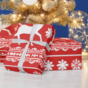 Rood en Wit Rendier Bloemen Moderne Kerst Cadeaupapier