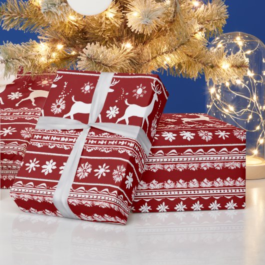 Rood en Wit Rendier Bloemen Moderne Kerst Cadeaupapier (Feestdagen)