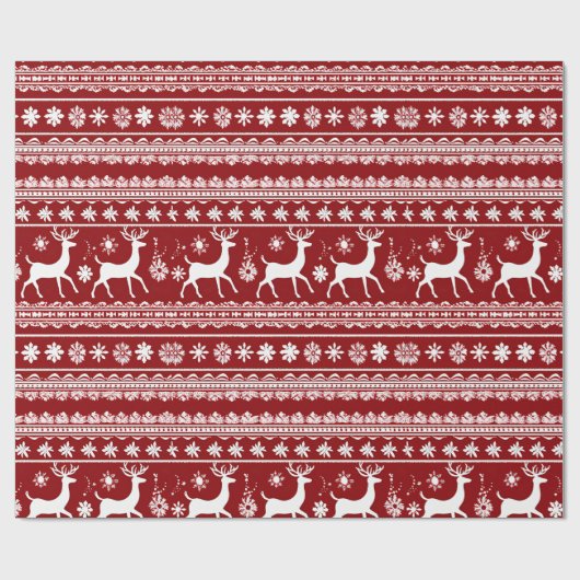 Rood en Wit Rendier Bloemen Moderne Kerst Cadeaupapier (Vlak)