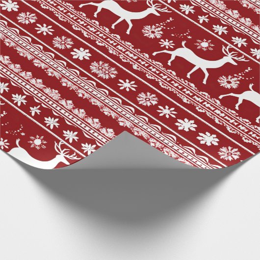 Rood en Wit Rendier Bloemen Moderne Kerst Cadeaupapier (Hoek)