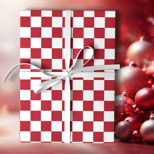 Rood en Wit Retro Kerstmis Geruit Cadeaupapier