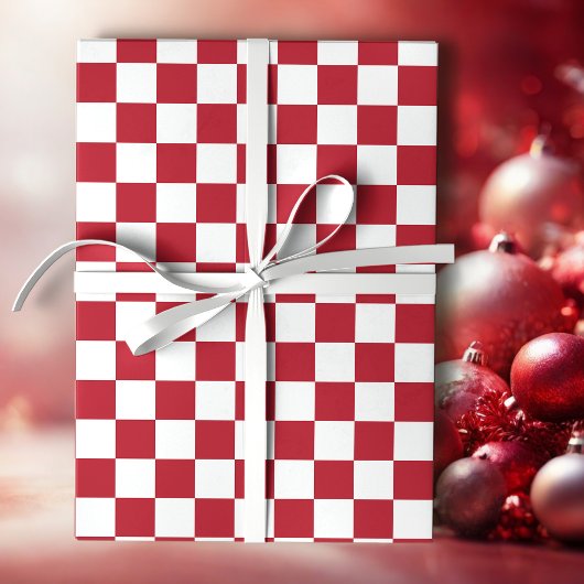 Rood en Wit Retro Kerstmis Geruit Cadeaupapier