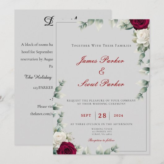 Rood en wit Roos bruiloft Kaart (Voorkant / Achterkant)