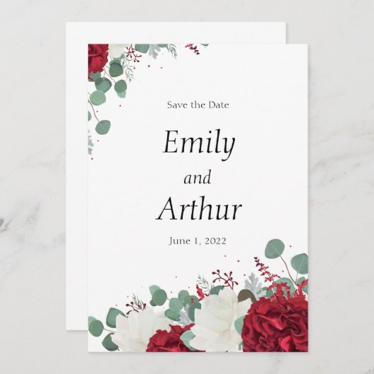 Rood en wit rozen ingesteld op 15 Sla de datum op Kaart (Voorkant / Achterkant)