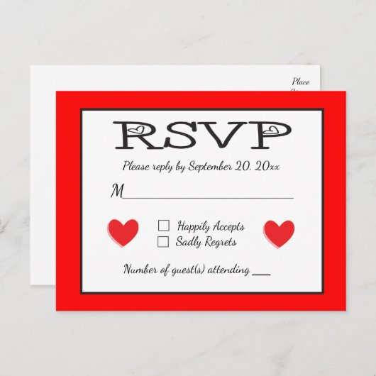 Rood en Wit RSVP Hearts Wedding / Party Response Uitnodiging Briefkaart (Voorkant / Achterkant)