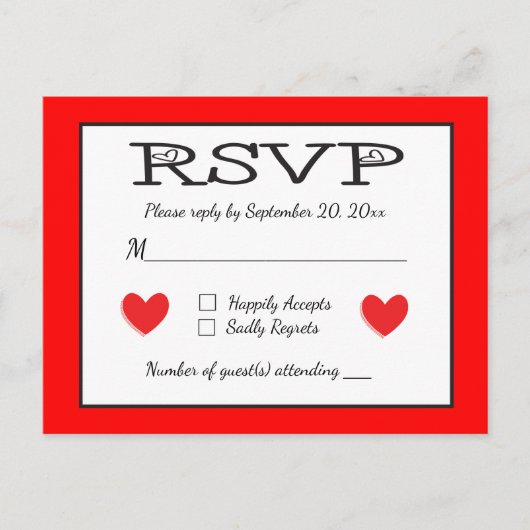 Rood en Wit RSVP Hearts Wedding / Party Response Uitnodiging Briefkaart (Voorkant)