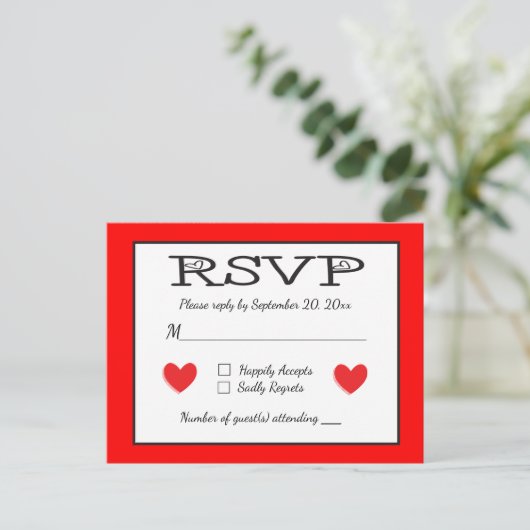 Rood en Wit RSVP Hearts Wedding / Party Response Uitnodiging Briefkaart (Staand voorkant)