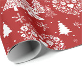 Rood en wit Scandinavisch hart en kerstboom Cadeaupapier (Rol Hoek)