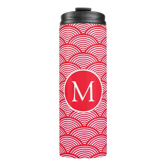Rood en wit schelp patroon monogram thermosbeker (Voorkant)