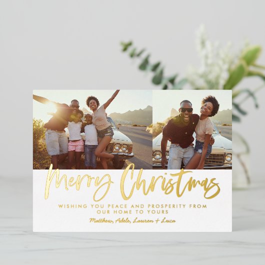 Rood en wit script, veelkleurige kerstfoto folie feestdagenkaart (Staand Voorkant)