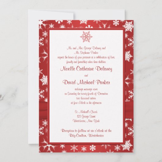 Rood en Wit Sneeuwvlokken Bruiloft Uitnodiging 2 (Achterkant)