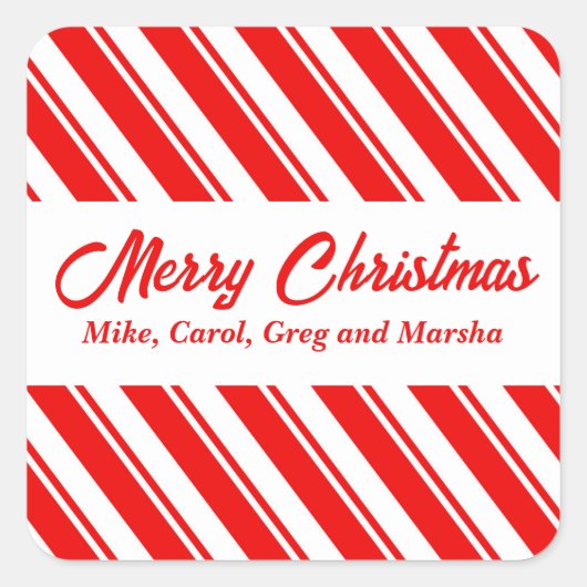 Rood en wit snoepriet gestreept aangepaste kerst vierkante sticker (Voorkant)