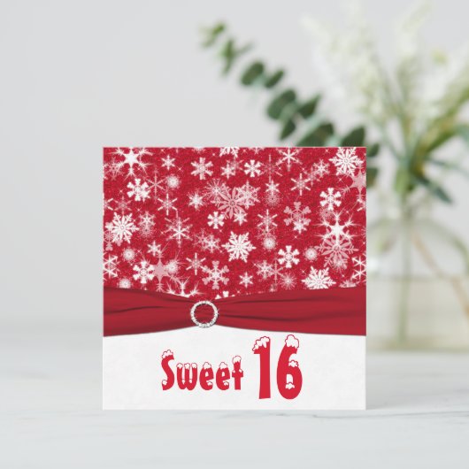 Rood en wit Snowflake 16e verjaardag Uitnodiging (Staand voorkant)