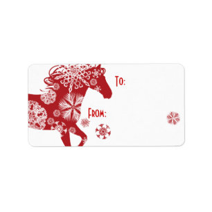 Rood en wit Snowflake kerstpaard Etiket