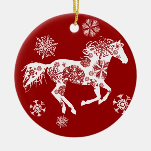 Rood en wit Snowflake kerstpaard Keramisch Ornament (Voorkant)