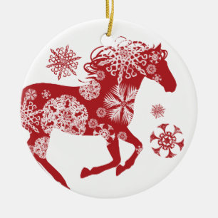 Rood en wit Snowflake kerstpaard Keramisch Ornament