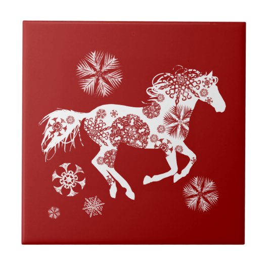 Rood en wit Snowflake kerstpaard Tegeltje (Voorkant)