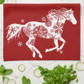 Rood en wit Snowflake kerstpaard Theedoek (Gevouwen)