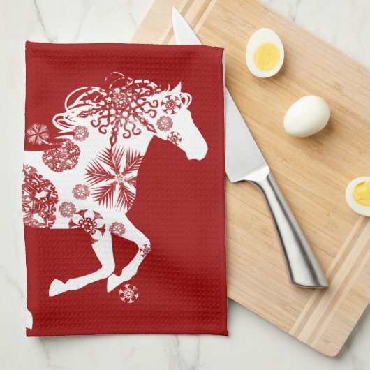 Rood en wit Snowflake kerstpaard Theedoek (Quarter Fold)