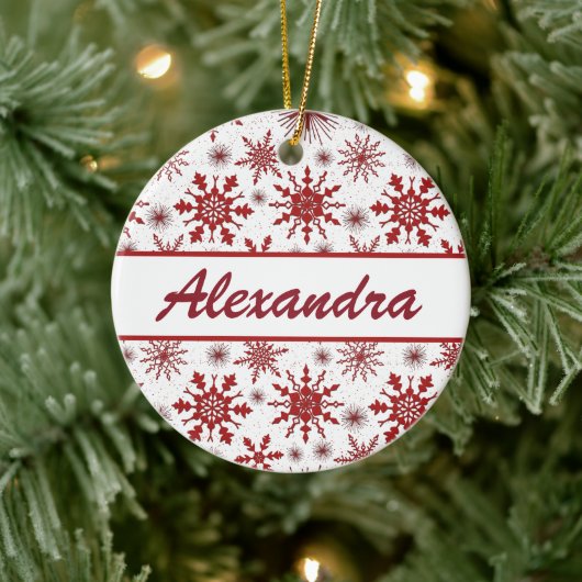 Rood en wit Snowflake patroon met naam keramisch Ornament (Boom)