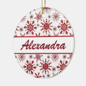 Rood en wit Snowflake patroon met naam keramisch Ornament (Links)