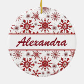Rood en wit Snowflake patroon met naam keramisch Ornament (Achterkant)