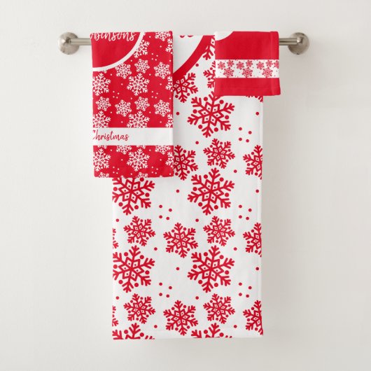 Rood en wit Snowflake Pattern Monogram Kerstmis Bad Handdoek (Insitu)