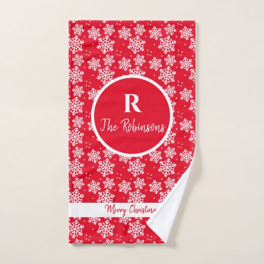 Rood en wit Snowflake Pattern Monogram Kerstmis Bad Handdoek (Handdoek)