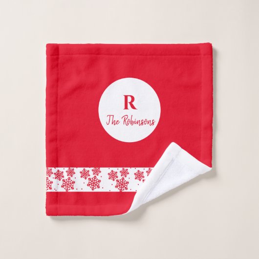 Rood en wit Snowflake Pattern Monogram Kerstmis Bad Handdoek (Wasdoekje)