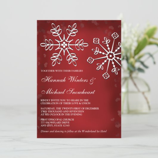 Rood en wit Snowflake Wedding Invitaties Kaart (Staand voorkant)