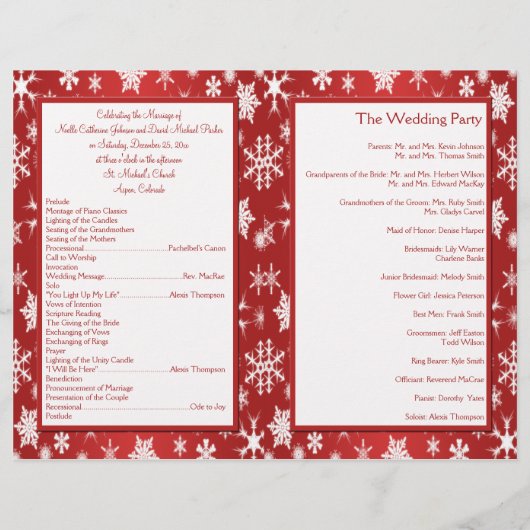 Rood en wit Snowflakes Wedding Programma (Achterkant)