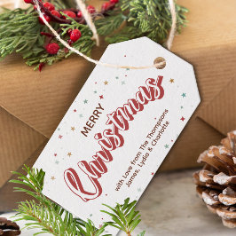 Rood en wit sterren met eenvoudige kerst cadeaulabel