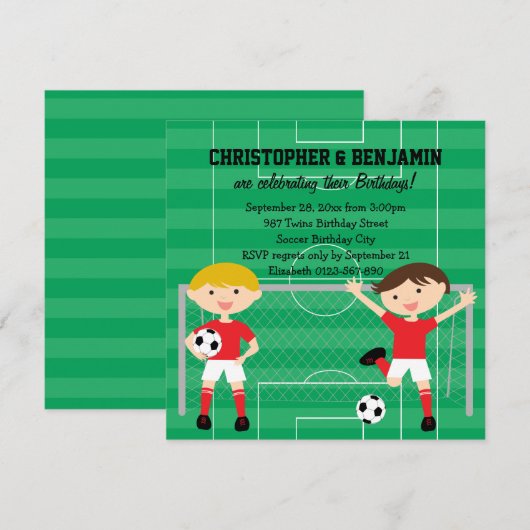 Rood en wit Twin Boys Soccer v2 Birthday Party Kaart (Voorkant / Achterkant)