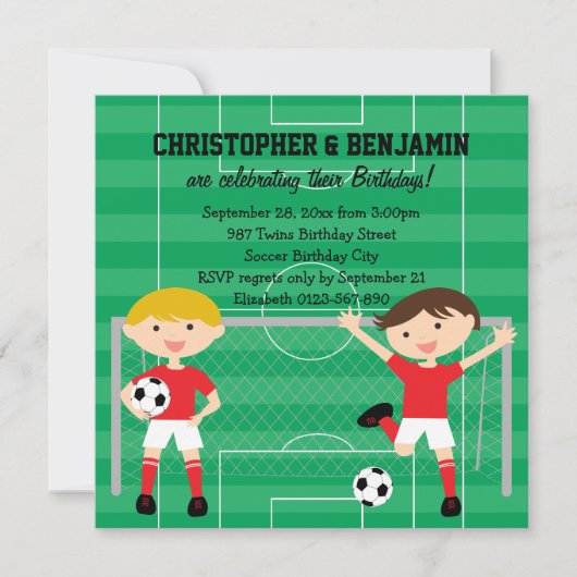 Rood en wit Twin Boys Soccer v2 Birthday Party Kaart (Voorkant)