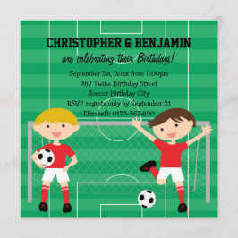 Rood en wit Twin Boys Soccer v2 Birthday Party Kaart