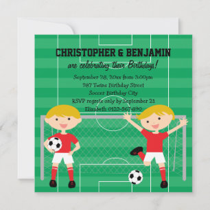 Rood en Wit Twin Boys Voetbal v2 Verjaardagsfeest Kaart