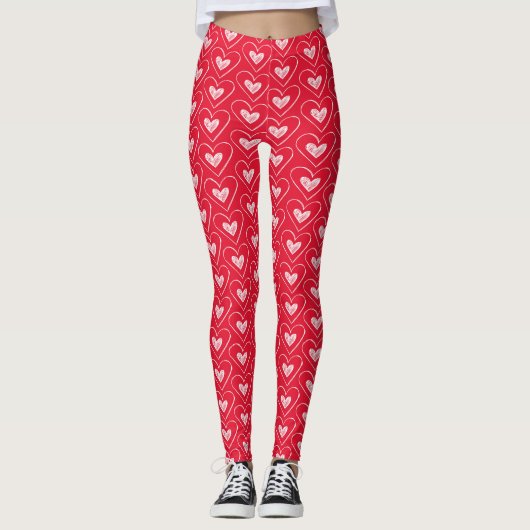 Rood en wit Valentijns hartenpatroon Leggings (Voorkant)