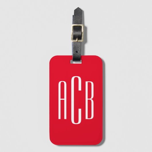 Rood en Wit Verticaal Drie Lettermonogram Bagagelabel (Voorkant (verticaal))